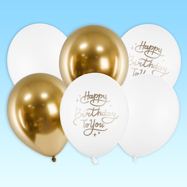 6 Party-Ballons in weiß und gold "Happy Birthday to you", 30cm von Partydeco