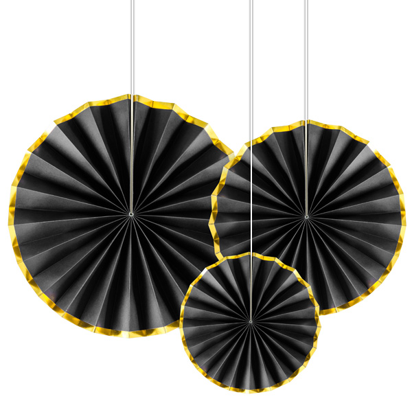 Deko-Fächer in schwarz mit Goldrand, im 3er Pack von Partydeco