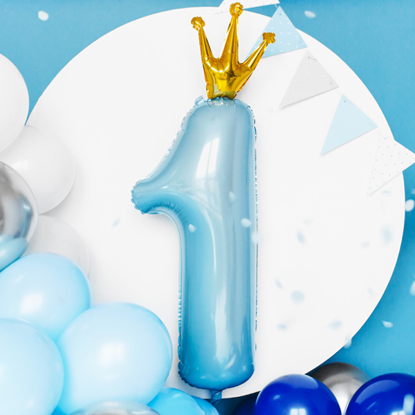 XXL Folienballon Zahl 1 in hellblau mit Krönchen, 90cm hoch, heliumgeeignet von Partydeco