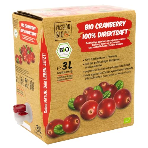 Bio Cranberrysaft, 3 Liter - 100% Bio Cranberry Direktsaft aus Kanada - abgefüllt in Deutschland - ohne zugesetzem Zucker (lt. Gesetz) von PassionBio