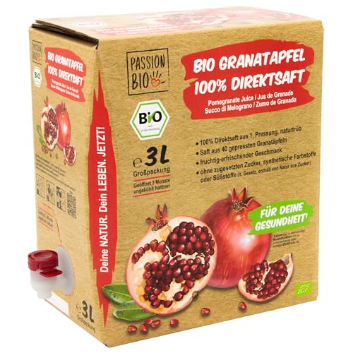 Bio Granatapfelsaft, 3 Liter, naturtrüb – 100% Bio Granatapfel Direktsaft aus 40 Granatäpfeln – in Deutschland abgefüllt – fruchtig, erfrischender Geschmack – kein zugesetzter Zucker (lt. Gesetz) von PassionBio