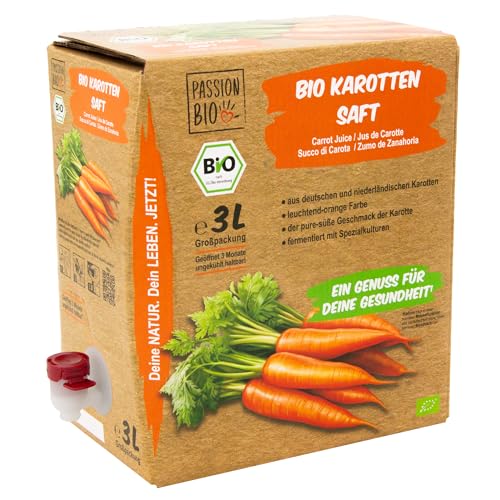 Bio Karottensaft, 3 Liter – 100% Karottensaft, milchsauer vergoren – in Deutschland abgefüllt – natürlicher Geschmack – kein zugesetzter Zucker (lt. Gesetz) von PassionBio
