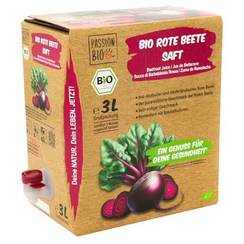 Bio Rote Beete Saft, 3 Liter – 100% Rote Beete Saft, milchsauer vergoren – in Deutschland abgefüllt – kein erdiger Geschmack – kein zugesetzter Zucker (lt. Gesetz) von PassionBio