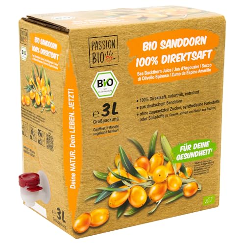 Bio Sanddorn Direktsaft, 3 Liter - aus deutschem Anbau - Sanddornsaft aus 100% Sanddornbeeren - Veganer Sanddorn Saft als natürliche Vitamin C Quelle, ohne Zuckerzusatz, ohne Süßstoffe (lt. Gesetz) von PassionBio