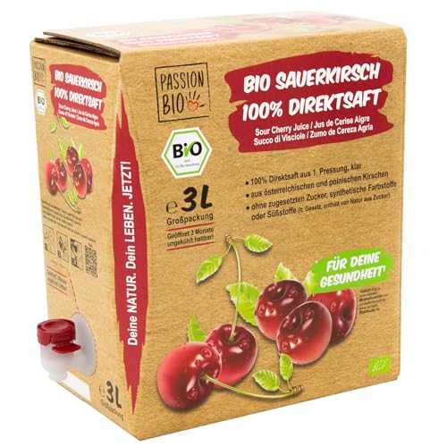 Bio Sauerkirsche Direktsaft, 3 Liter - Sauerkirschsaft aus 100% europäischen Sauerkirschen - Veganer Sauerkirsch Saft, ohne zugesetzten Zucker, ohne Süßstoffe (lt. Gesetz) von PassionBio