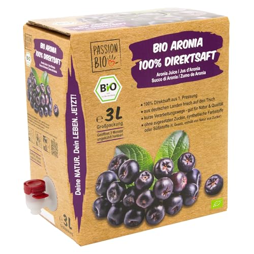 Bio Aronia Direktsaft, 3 Liter - aus deutschem Anbau - Aroniasaft aus 100% Aroniabeeren, 30 Tage Vorratspackung - Veganer Aronia Saft, ohne zugesetzten Zucker, ohne Süßstoffe (lt. Gesetz) von PassionBio