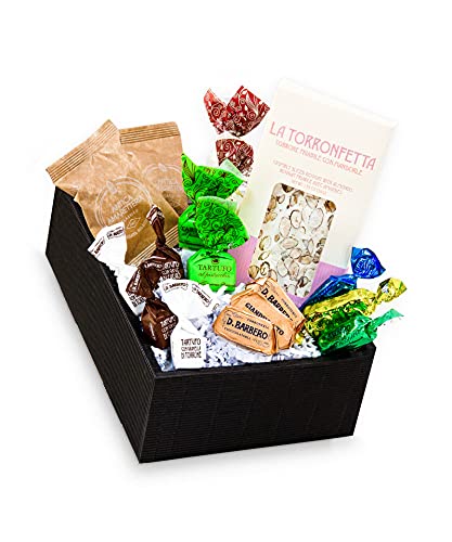 "Dolce Momento" Süßes Geschenkset mit exklusiven italienischen Süßwaren Tartufini Gianduiotti Pralinen Toronfetta in einer schwarzen Geschenkbox (Toronfetta Mandel) von Passione Italia