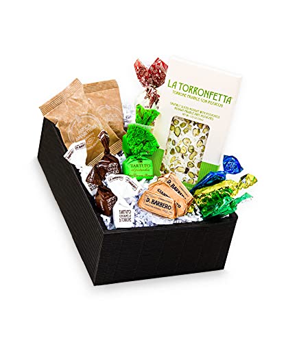 "Dolce Momento" Süßes Geschenkset mit exklusiven italienischen Süßwaren Tartufini Gianduiotti Pralinen Toronfetta in einer schwarzen Geschenkbox (Toronfetta Pistazie) von Passione Italia