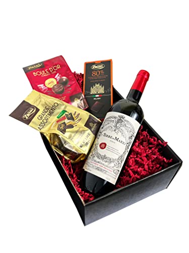 Edles Geschenkset Dunkles Genuss Duo Wein, Pralinen Schokolade mit Terre di Mario Rotwein und italienischen Schokoladenspezialitäten von Passione Italia