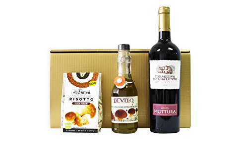 Steinpilz Geschenkset PORCINI (Steinpilz Olivenöl, Steinpilz Risotto, Primitivo Rotwein) mit Steinpilz Spezialitäten von Passione Italia