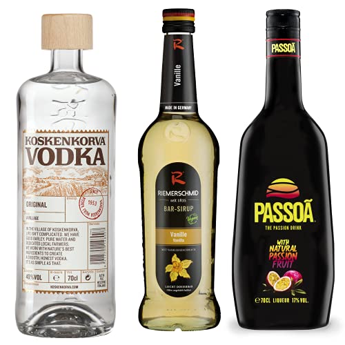 Pornstar Martini Mix-Pack (1 x Passoa 0.7 l, 1 x Koskenkorva Vodka 0.7 l und 1 x Riemerschmid Bar-Sirup Vanille 0.7 l) von Passoa