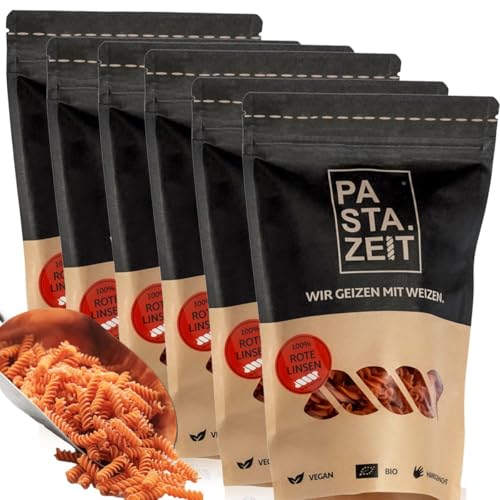 PASTAZEIT Bio Rote Linsen Nudeln - Fusilli Low Carb aus Bio Linsenmehl - High Protein Nudeln handgemacht - kalorienarme Protein Pasta - vegan, weizenfrei (6 x 250g) von Pastazeit