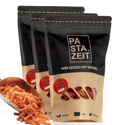 PASTAZEIT Bio Rote Linsen Nudeln - Fusilli Low Carb aus Bio Linsenmehl - High Protein handgemacht - kalorienarme Protein Pasta - vegan, weizenfrei (3 x 250g) von Pastazeit