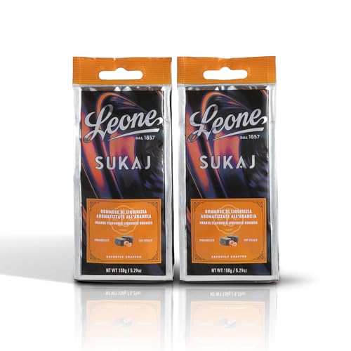 Leone seit 1857 - Sukaj Lakritzbonbons Beutel - Lakritzgummibonbons aromatisiert mit Orange - 2 Beutel à 150g (2 x 150g) von Pastiglie Leone