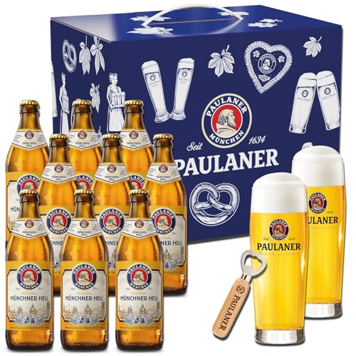 PAULANER Biergeschenk Münchner Hell im Geschenkskarton | 9 x 0,5l Mehrwegflasche | 2 Gloria Becher und 1 Holz-Flaschenöffner von Paulaner