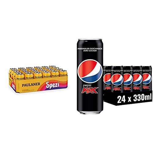 Paulaner Spezi, 24er Dosentray, EINWEG (24 x 0,33l) & Pepsi Max, Das zuckerfreie Erfrischungsgetränk von Pepsi ohne Kalorien, Koffeinhaltige Cola in der Dose, EINWEG Dose (24 x 0,33 l) von Paulaner