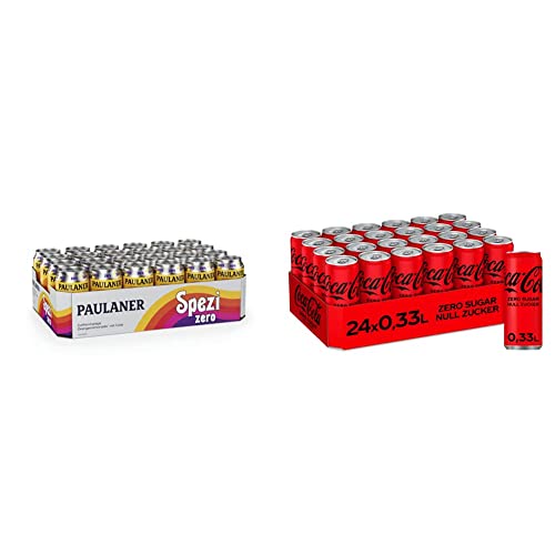 Paulaner Spezi Zero, 24er Dosentray, EINWEG (24 x 0,33l) & Coca-Cola Zero Sugar/Koffeinhaltiges Erfrischungsgetränk in stylischen Dosen mit originalem Coca-Cola Geschmack / 330 ml (24er Pack) von Paulaner
