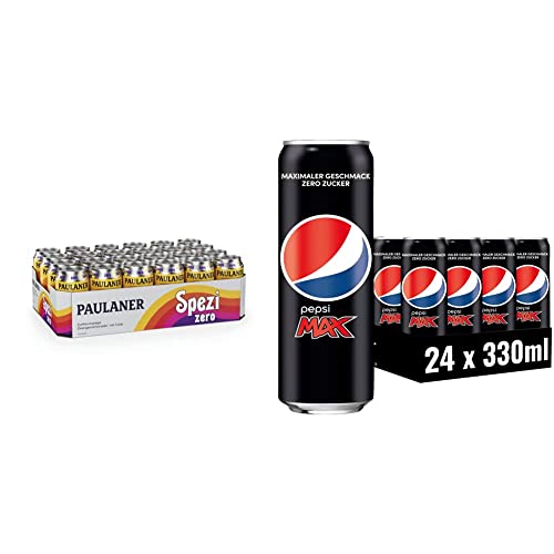 Paulaner Spezi Zero, 24er Dosentray, EINWEG (24 x 0,33l) & Pepsi Max, Das zuckerfreie Erfrischungsgetränk von Pepsi ohne Kalorien, Koffeinhaltige Cola in der Dose, EINWEG Dose (24 x 0,33 l) von Paulaner