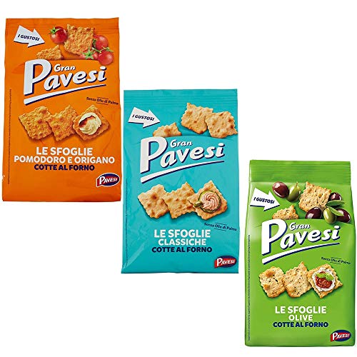 Gran Pavesi Sfoglie Testpaket Classiche Oliven Tomato und Oregano Cracker im Ofen gebacken knusprig Salzgebäck snack 3x 160 gr von Pavesi