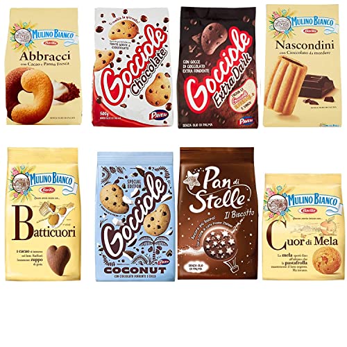 Pavesi Barilla Kekse Gocciole Testpaket Chocolate Dark Coconut biscuits + Mulino Bianco Pan di stelle Abbracci Nascondini Cuori di Mela Batticuori 350g von Pavesi