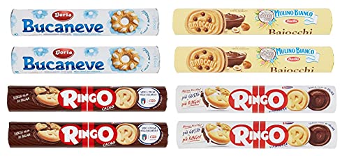 Testpaket Tube Kekse Pavesi Ringo Kakao ( 2 x 165g ) + Pavesi Ringo Vanille ( 2 x 165g ) + Baiocchi mit Haselnuss und Kakaocreme ( 2 x 168g ) + Doria Bucaneve ( 2 x 200g ) von Pavesi