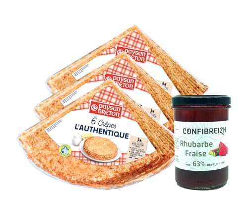 Bretonischer Erdbeergenuss: 3 BEUTELN bretonische Pfannkuchen X6 Paysan Breton + 1 Glas 220g Confibreizh Erdbeer & Rhabarber - traditionelle Herstellung in der Bretagne von Paysan Breton