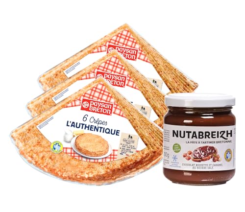 Bretonischer Schokoladengenuss: 3 Beutel mit Crêpes + 1 Topf 200g Nutabreizh Schokolade/Karamell - traditionelle Herstellung in der Bretagne - ohne Palmöl von Paysan Breton