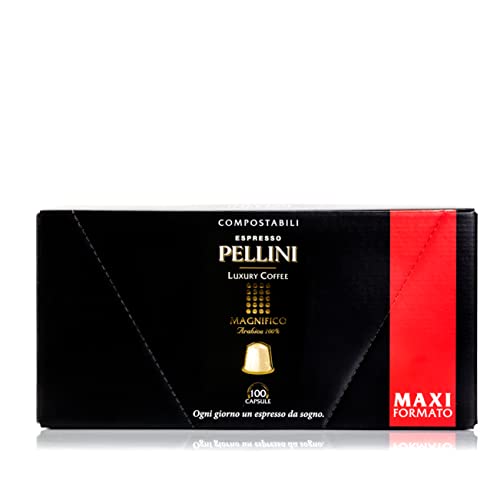 Pellini Luxury Kaffee Magnifico 100% Arabica, 100 Nespresso-kompatible Kaffeekapseln, Vollmundiges Aroma und Kräftige Röstung, Kompostierbar und Selbstschützend, 10 Packungen mit je 10 Kapseln von Pellini