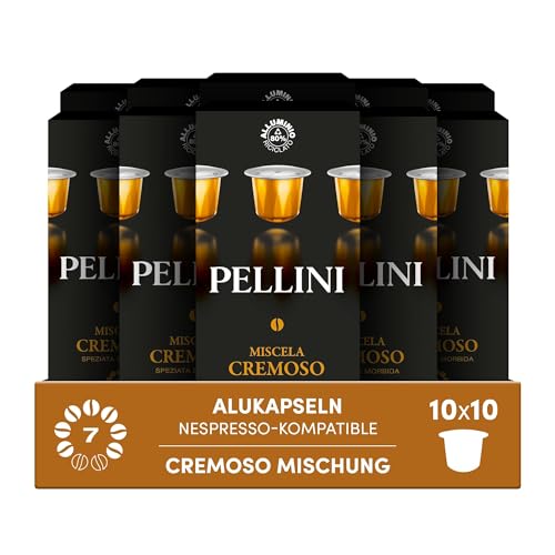Pellini Cremoso, 100 Nespresso-kompatible Alukapseln, Arabica-Robusta-Mischung mit vollem, würzigem Geschmack und Karamell-Nuss-Noten, 10x10 Kapseln Pellini Cremoso, 100 Nespresso-kompatible Alukapseln, Arabica-Robusta-Mischung mit vollem, würzigem Geschmack und Karamell-Nuss-Noten, 10x10 Kapseln von Pellini