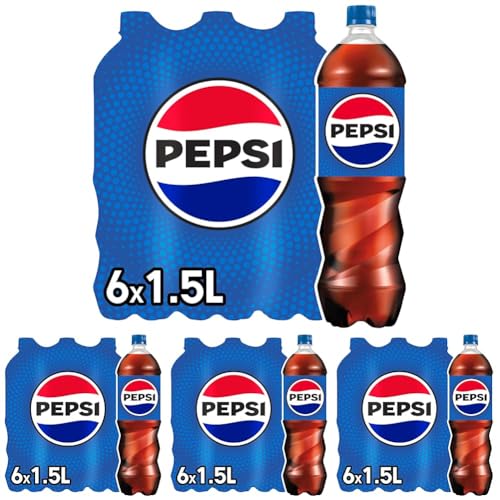 Pepsi Cola, Das Original von Pepsi, Koffeinhaltige Cola in Flaschen aus 100% recyceltem Material, EINWEG (6 x 1.5 l) (Verpackungsdesign kann abweichen) (Packung mit 4) von Pepsi