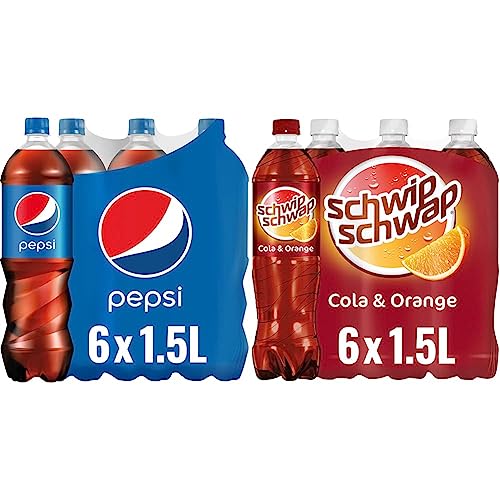 Pepsi Cola, Das Original von Pepsi & Schwip Schwap, Das Original – Koffeinhaltiges Cola-Erfrischungsgetränk mit Orange in Flaschen aus 100% recyceltem Material, EINWEG (6 x 1.5 l) von Pepsi