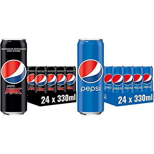 Pepsi Max, Das zuckerfreie Erfrischungsgetränk von Pepsi ohne Kalorien, Koffeinhaltige Cola in der Dose, 24 x 0,33l & Cola, Das Original von Pepsi, Koffeinhaltige Cola in der Dose, 24 x 0,33l von Pepsi
