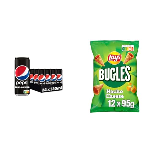Erfrischend und Knusprig: Pepsi Zero Zucker (24x0,33L) & Lay's Bugles Nacho Cheese (12x95G), Cola Geschmack trifft auf herzhaften Mais-Snack von Pepsi