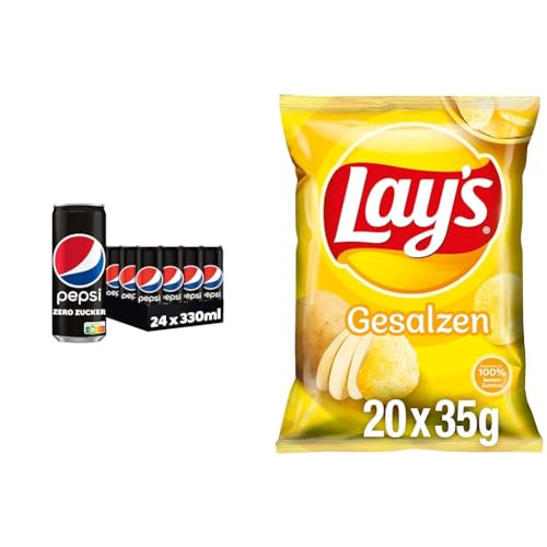 Erfrischend und Knusprig: Pepsi Zero Zucker (24x0,33L) & Lay's Gesalzen (20x35G), Cola Geschmack trifft auf herzhafte Chips von Pepsi