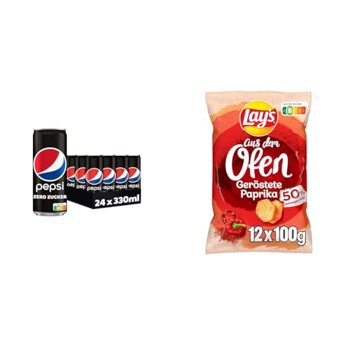 Erfrischend und Knusprig: Pepsi Zero Zucker (24x0,33L) & Lay's aus dem Ofen geröstete Paprika (12x100G), Cola Geschmack trifft auf herzhafte Chips von Pepsi