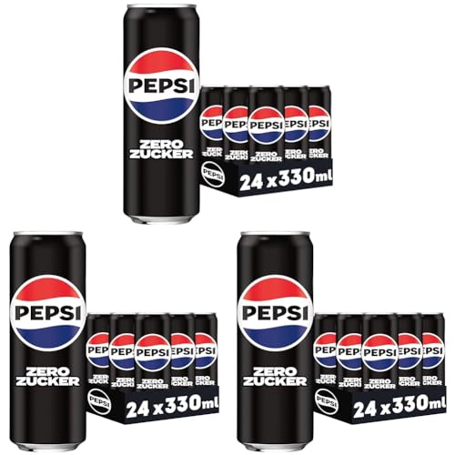 Pepsi Zero Zucker, Das zuckerfreie Erfrischungsgetränk von Pepsi ohne Kalorien, Koffeinhaltige Cola in der Dose, EINWEG Dose (24 x 0,33 l) (Verpackungsdesign kann abweichen) (Packung mit 3) von Pepsi