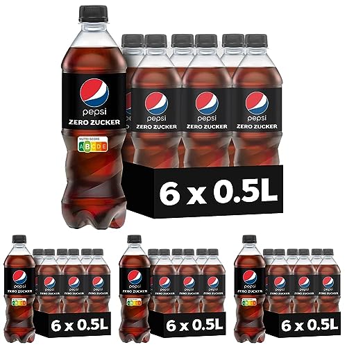 Pepsi Zero Zucker, Das zuckerfreie Erfrischungsgetränk von Pepsi ohne Kalorien, Koffeinhaltige Cola in der Flasche, EINWEG (6 x 0.5 l) (Packung mit 4) von Pepsi