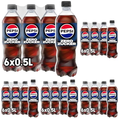 Pepsi Zero Zucker, Das zuckerfreie Erfrischungsgetränk von Pepsi ohne Kalorien, Koffeinhaltige Cola in der Flasche, EINWEG (6 x 0.5 l) (Verpackungsdesign kann abweichen) (Packung mit 5) von Pepsi