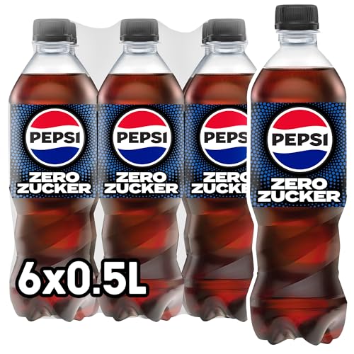 Pepsi Zero Zucker, Das zuckerfreie Erfrischungsgetränk von Pepsi ohne Kalorien, Koffeinhaltige Cola in der Flasche, EINWEG (6 x 0.5 l) (Verpackungsdesign kann abweichen) von Pepsi