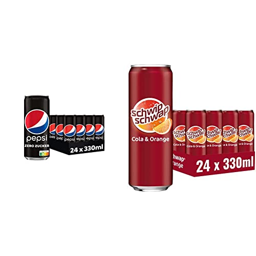 Pepsi Zero Zucker, Das zuckerfreie Erfrischungsgetränk von Pepsi ohne Kalorien & Schwip Schwap, Das Original – Koffeinhaltiges Cola-Erfrischungsgetränk mit Orange, EINWEG Dose (24 x 0.33 l) von Pepsi