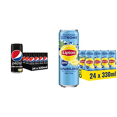 Pepsi Zero Zucker, EINWEG Dose (24 x 0,33 l) & LIPTON ICE TEA Sparkling Zero, Kohlensäurehaltiger Eistee mit Zitronen Geschmack ohne Zucker, EINWEG Dosen (24 x 0.33 l) von Pepsi
