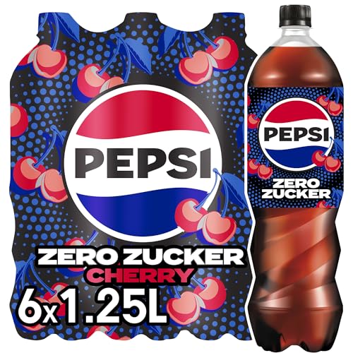 pepsi Zero Zucker Cherry, Das zuckerfreie Erfrischungsgetränk von Pepsi ohne Kalorien, Koffeinhaltige Cola mit Kirschgeschmack in der Flasche, EINWEG (6 x 1.25 l) (Verpackungsdesign kann abweichen) von Pepsi