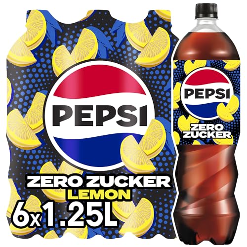 Pepsi Zero Zucker Lemon, Das zuckerfreie Erfrischungsgetränk von Pepsi ohne Kalorien, Koffeinhaltige Cola mit Zitronengeschmack in der Flasche, EINWEG (6 x 1.25 l) von Pepsi