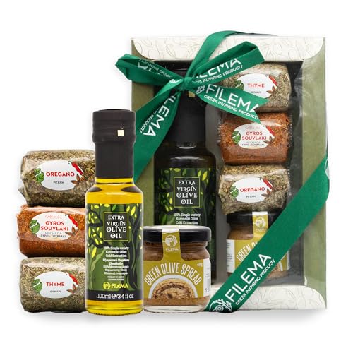 Feinkost Geschenkset aus Griechenland – Olivenöl, Thymian, Oregano, Gyros-Gewürz & Olivenpaste - Geschenkset für Feinschmecker (5-teilig) von Perfekto24