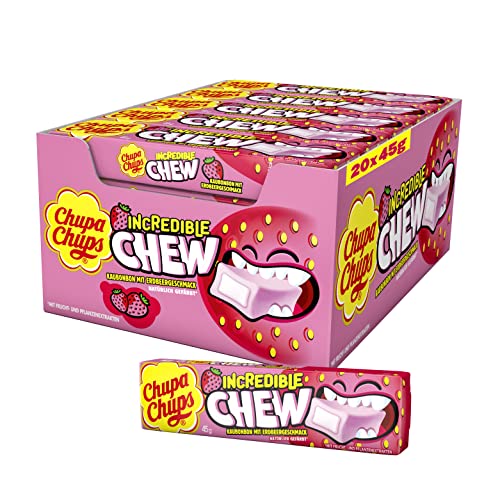 Chupa Chups Incredible Chew Erdbeere, Thekendisplay enthält 20 Stangen Kau-Bonbons mit Erdbeer-Geschmack in der Groß-Packung, geeignet für Geburtstag, 20 x 45g von Chupa Chups