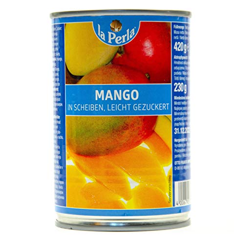 La Perla Mango in Scheiben - 12x 230g Dose - leicht gezuckerte Mangoscheiben eingelegte Mango fruchtige Mangostücke Mangofrucht Obstkonserve vegan glutenfrei schonend verarbeitet von Perla