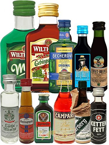 Kräuterschnaps Probierset jeweils 1 x Becherovka 5cl, Dirty Harry 2cl, Fernet Branca 2cl, Kettenfett 2cl, Lütje Minze 2cl, Ratzeputz 2cl, Jägermeister 2cl, Campari Bitter 4cl, Underberg 2cl, Wilthener Pfefferminz 10cl, Wilthener Likör 10cl von Pernod