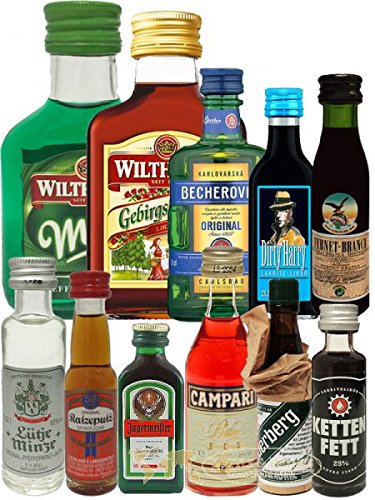 Kräuterschnaps Probierset jeweils 1 x Becherovka 5cl, Dirty Harry 2cl, Fernet Branca 2cl, Kettenfett 2cl, Lütje Minze 2cl, Ratzeputz 2cl, Jägermeister 2cl, Campari Bitter 4cl, Underberg 2cl, Wilthener Pfefferminz 10cl, Wilthener Likör 10cl von Pernod Ricard