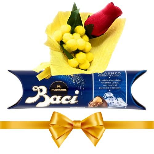 Baci Perugina Geschenkidee für Mama 2024 – Baci Perugina Classic 37,5 g + künstlicher Mimosenstrauß + rote Knospe mit Holzblütenblättern von Perugina
