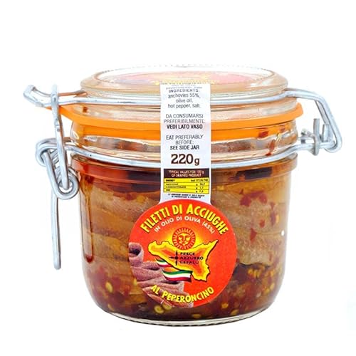 Sardellenfilets in Olivenöl mit Peperoncino im luftdichten Glas 220 gr Sardellenfilets in Olivenöl mit Peperoncino im luftdichten Glas 220 gr von Pesce Azzurro Cefalù